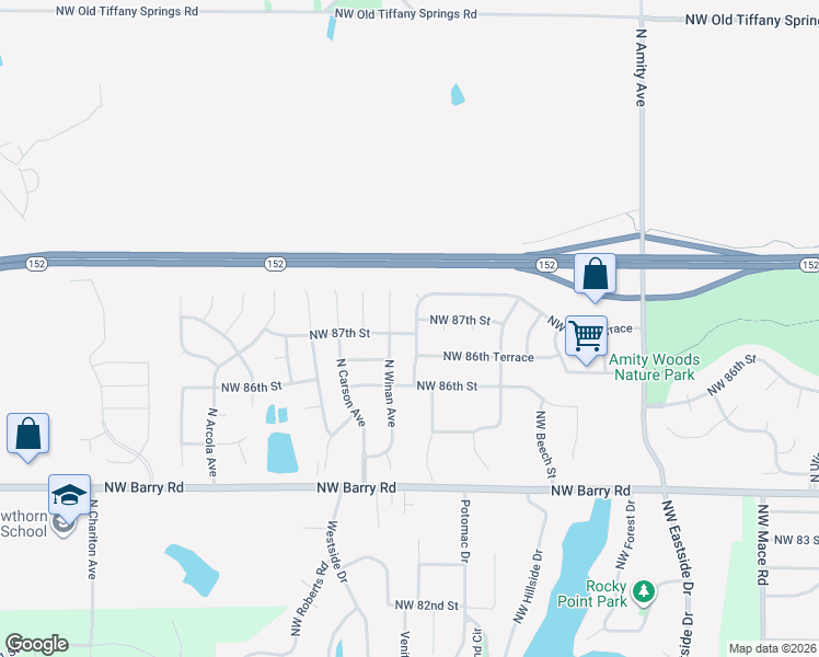 map of restaurants, bars, coffee shops, grocery stores, and more near 8704 North Crawford Avenue in Kansas City