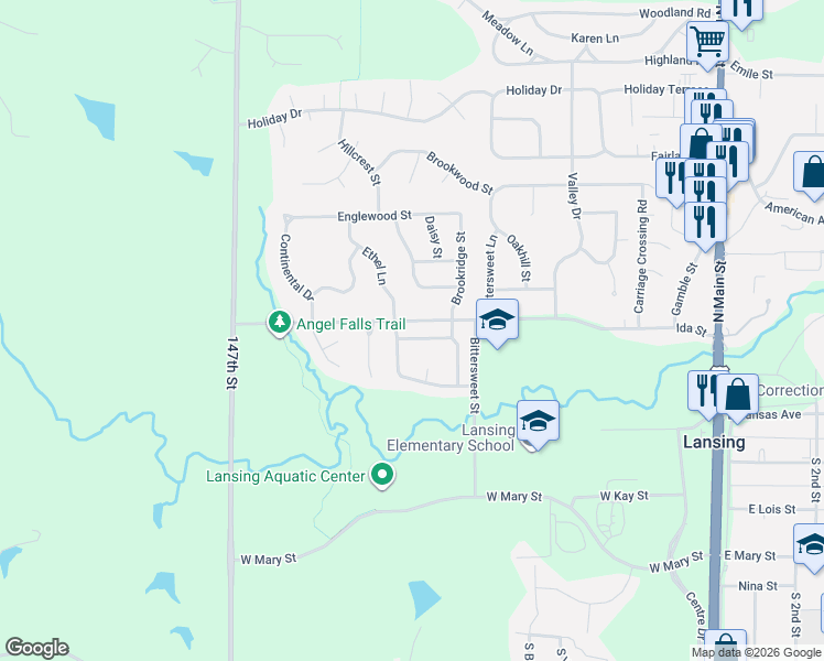 map of restaurants, bars, coffee shops, grocery stores, and more near 624 Meadowlark Road in Lansing