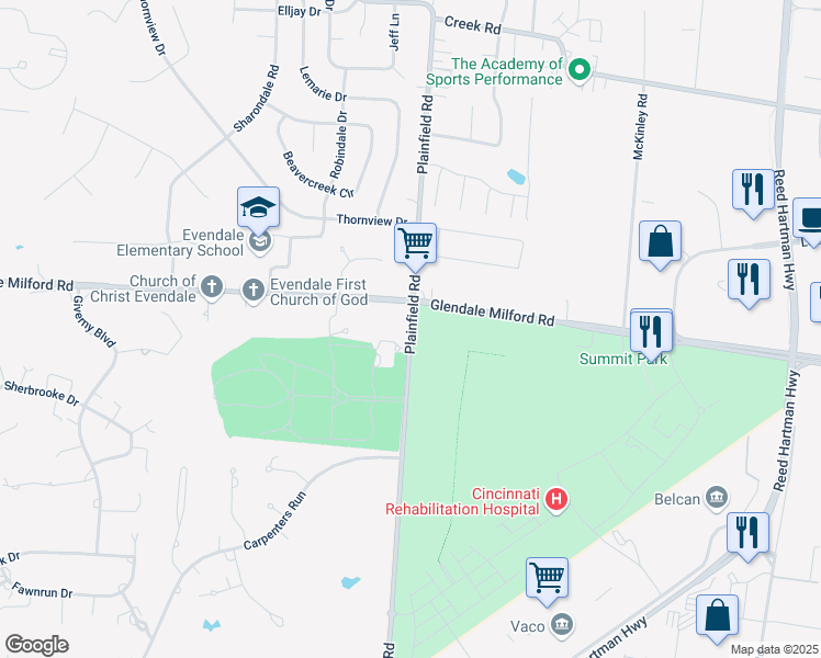 map of restaurants, bars, coffee shops, grocery stores, and more near 10375 Plainfield Road in Cincinnati
