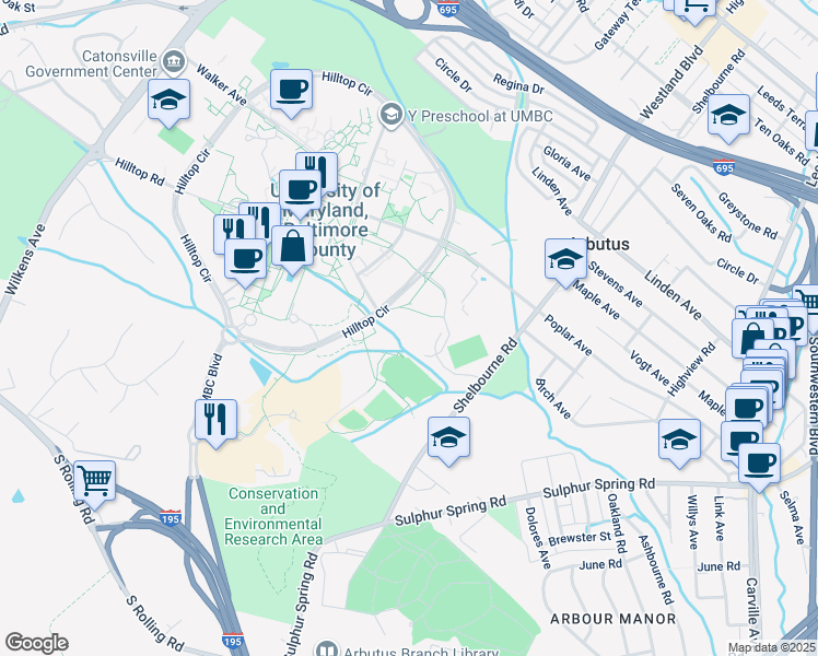 map of restaurants, bars, coffee shops, grocery stores, and more near 1000 Hilltop Circle in Catonsville