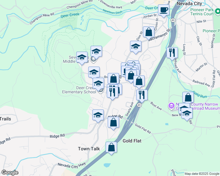 map of restaurants, bars, coffee shops, grocery stores, and more near 756 Zion Street in Nevada City