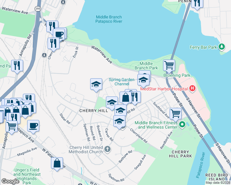 map of restaurants, bars, coffee shops, grocery stores, and more near 2413 Terra Firma Road in Baltimore