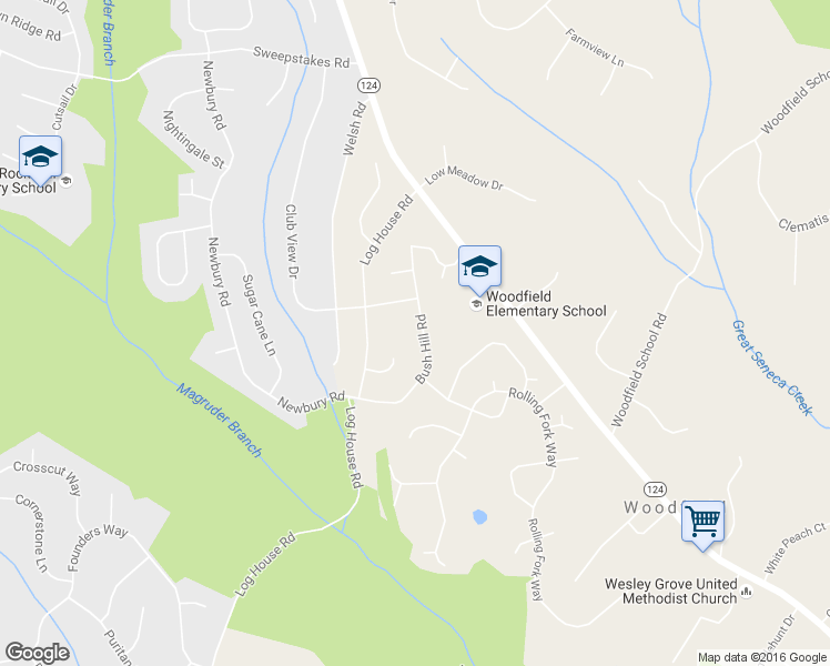 map of restaurants, bars, coffee shops, grocery stores, and more near 24124 Bush Hill Road in Gaithersburg