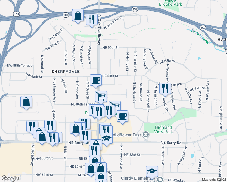 map of restaurants, bars, coffee shops, grocery stores, and more near 8708 North Kenwood Avenue in Kansas City