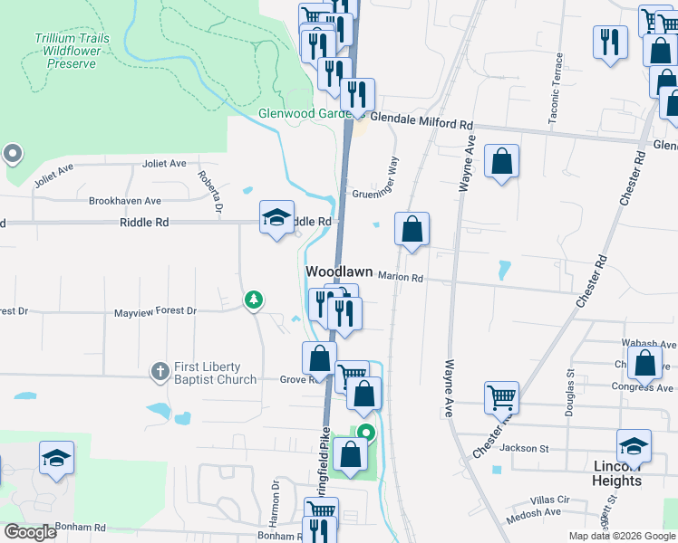 map of restaurants, bars, coffee shops, grocery stores, and more near in Woodlawn