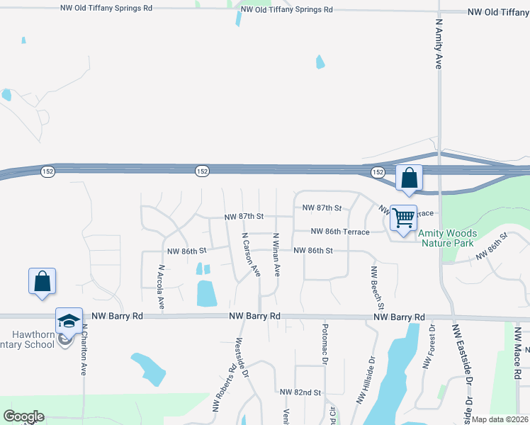 map of restaurants, bars, coffee shops, grocery stores, and more near 10006 Northwest 87th Street in Kansas City