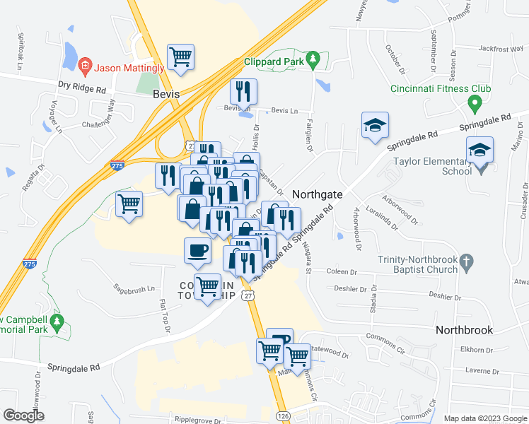 map of restaurants, bars, coffee shops, grocery stores, and more near 3521 Redskin Drive in Cincinnati