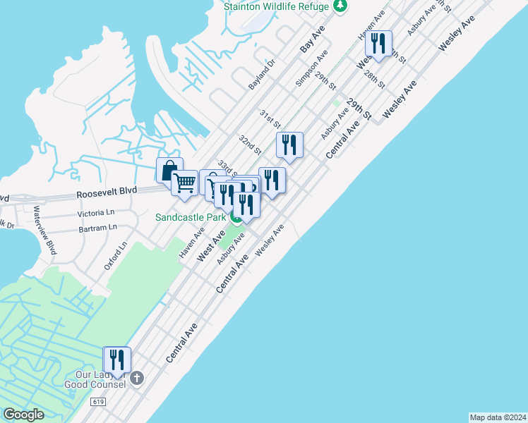 map of restaurants, bars, coffee shops, grocery stores, and more near 3319 Asbury Avenue in Ocean City