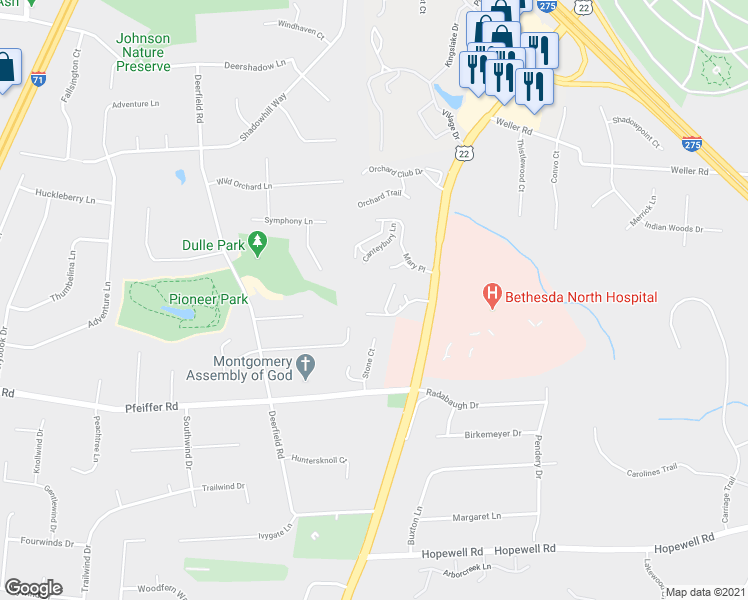 map of restaurants, bars, coffee shops, grocery stores, and more near 1103 Shakertown Court in Cincinnati