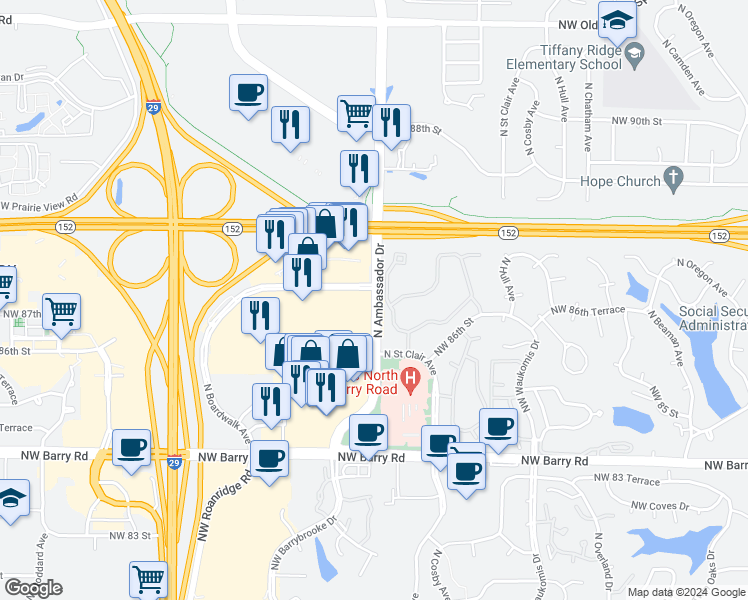 map of restaurants, bars, coffee shops, grocery stores, and more near 9519 North Ambassador Drive in Kansas City