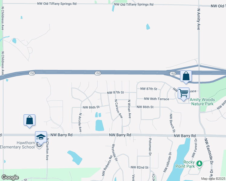 map of restaurants, bars, coffee shops, grocery stores, and more near 10202 Northwest 87th Street in Kansas City