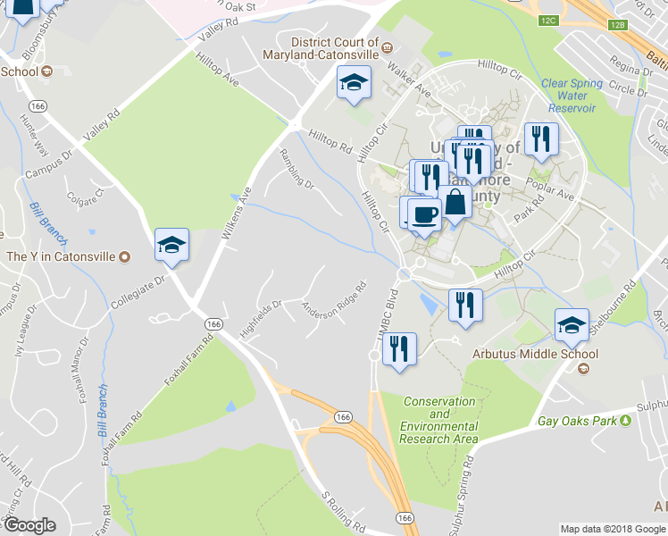 map of restaurants, bars, coffee shops, grocery stores, and more near 39 Highfields Drive in Catonsville