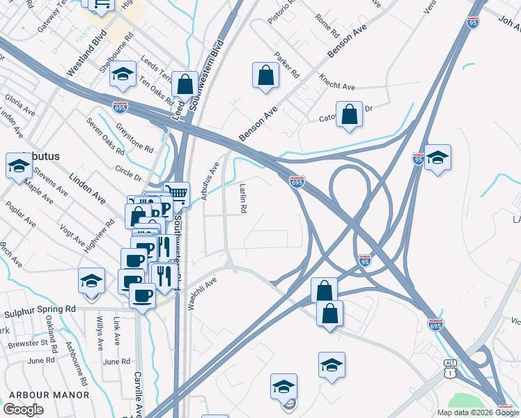 map of restaurants, bars, coffee shops, grocery stores, and more near 5213 Larlin Road in Halethorpe