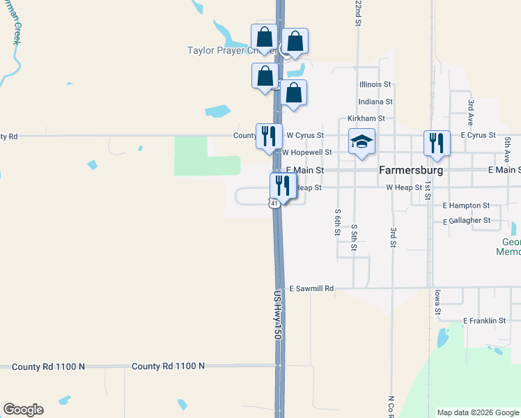 map of restaurants, bars, coffee shops, grocery stores, and more near 11453 North Westwood Drive in Farmersburg