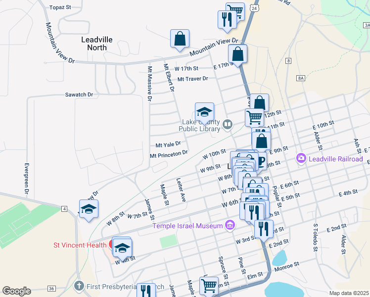 map of restaurants, bars, coffee shops, grocery stores, and more near 1100 Mount Elbert Drive in Leadville
