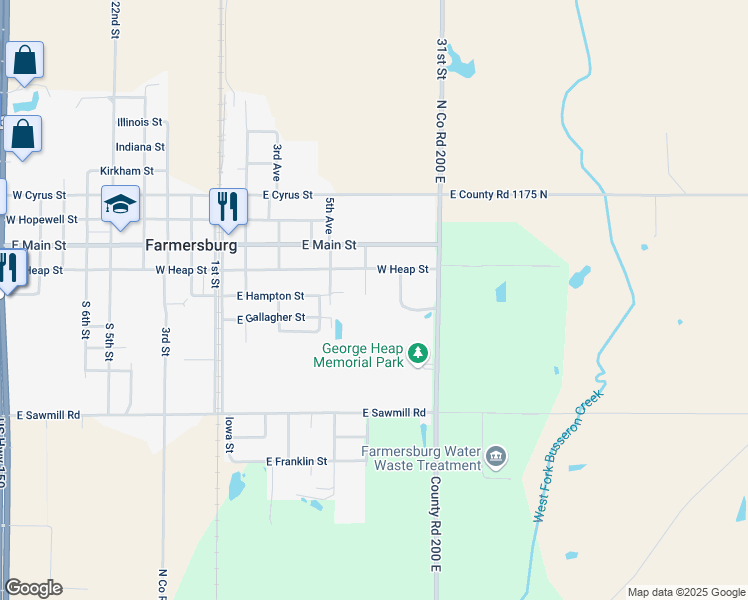 map of restaurants, bars, coffee shops, grocery stores, and more near 303 6th Avenue in Farmersburg