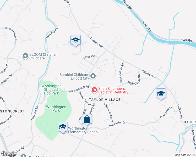 map of restaurants, bars, coffee shops, grocery stores, and more near 8185 Cyprus Cedar Lane in Ellicott City