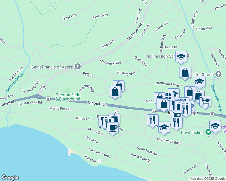 map of restaurants, bars, coffee shops, grocery stores, and more near 347 Cottonwood Court in Incline Village