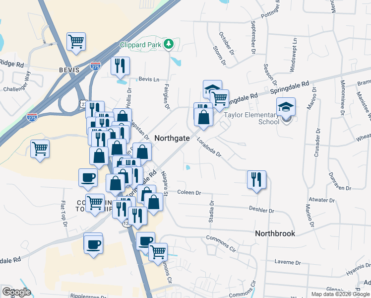 map of restaurants, bars, coffee shops, grocery stores, and more near 9864 Dunlap Drive in Cincinnati