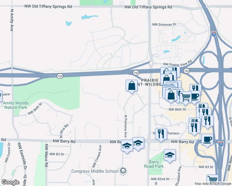 map of restaurants, bars, coffee shops, grocery stores, and more near 8708 North Pomona Avenue in Kansas City