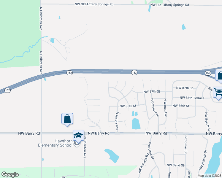 map of restaurants, bars, coffee shops, grocery stores, and more near 8618 North Winfield Avenue in Kansas City
