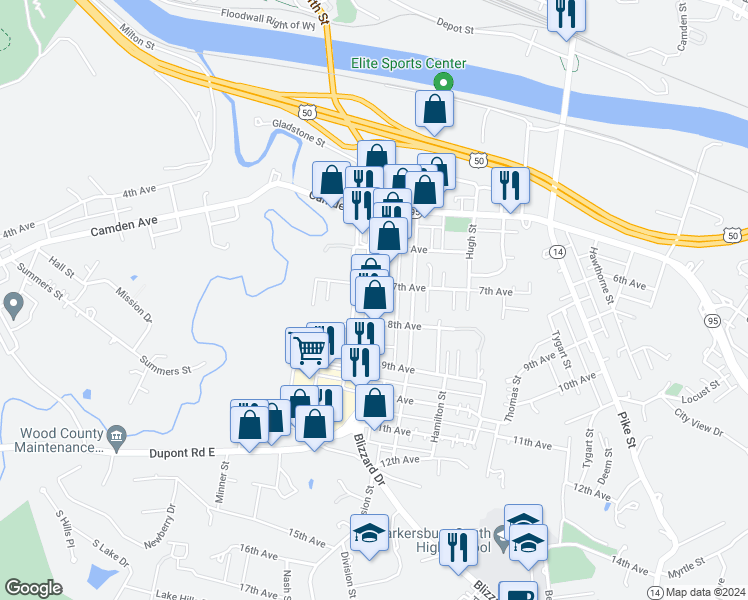 map of restaurants, bars, coffee shops, grocery stores, and more near 706 Division Street in Parkersburg