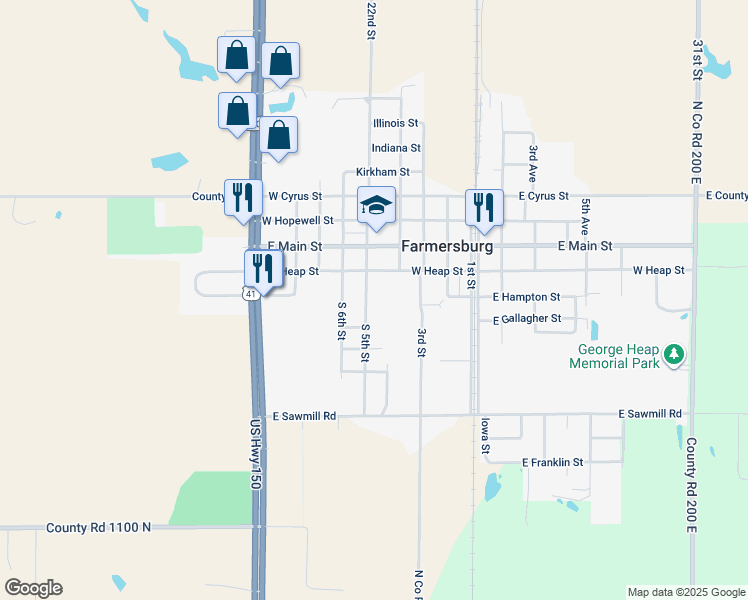 map of restaurants, bars, coffee shops, grocery stores, and more near 303 S 5th St in Farmersburg