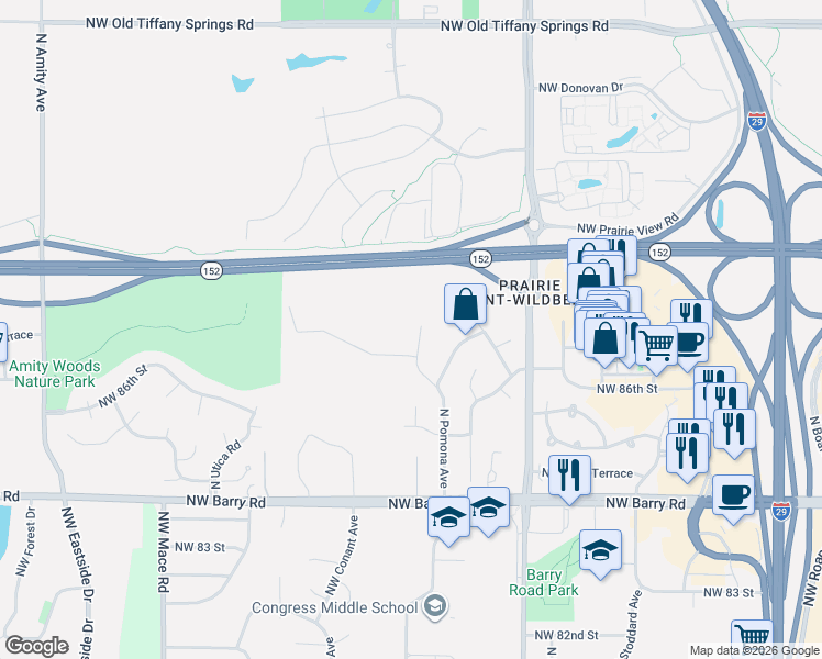 map of restaurants, bars, coffee shops, grocery stores, and more near 8708 North Pomona Avenue in Kansas City