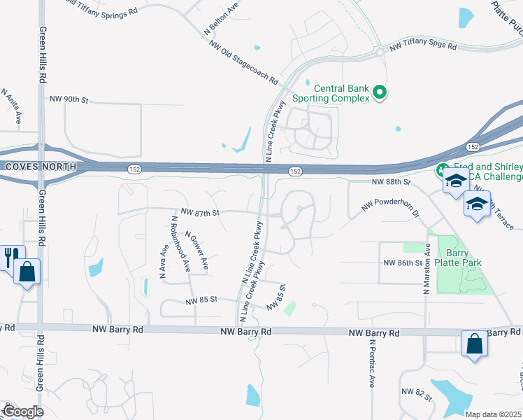 map of restaurants, bars, coffee shops, grocery stores, and more near North Line Creek Parkway in Kansas City