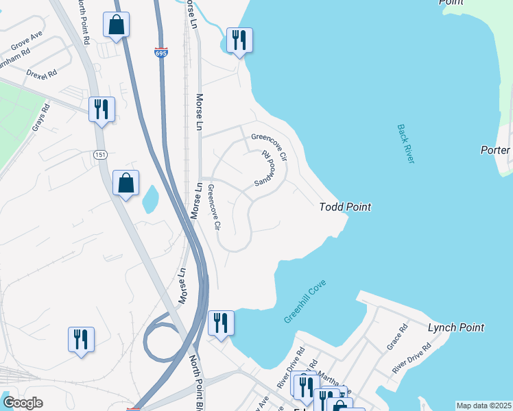 map of restaurants, bars, coffee shops, grocery stores, and more near 4600 Greencove Circle in Sparrows Point