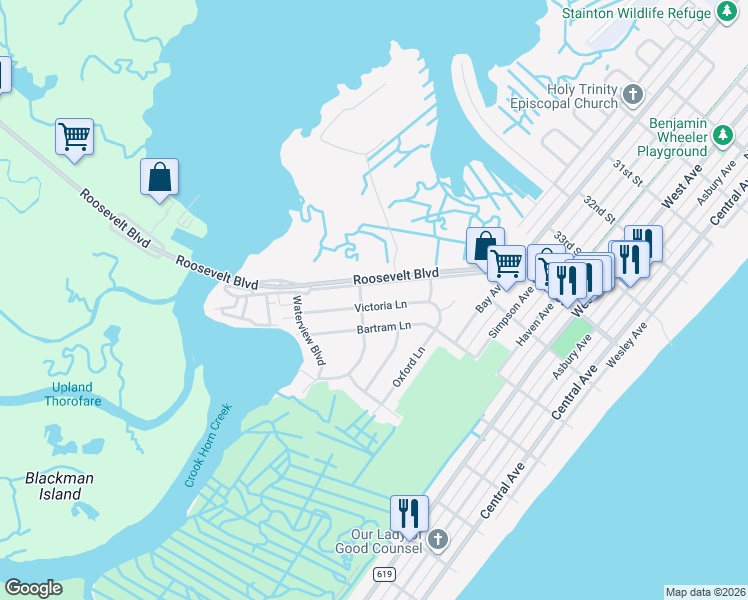 map of restaurants, bars, coffee shops, grocery stores, and more near 123 Victoria Lane in Ocean City