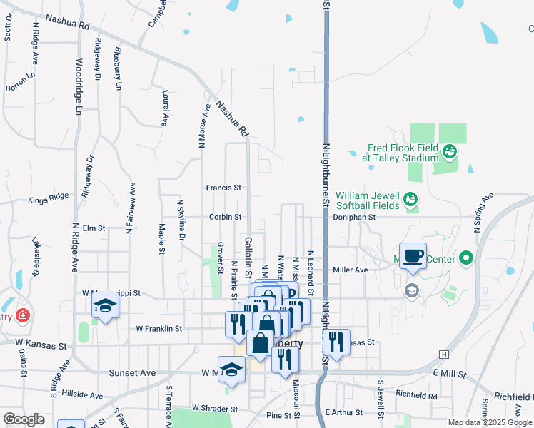 map of restaurants, bars, coffee shops, grocery stores, and more near 502 North Water Street in Liberty