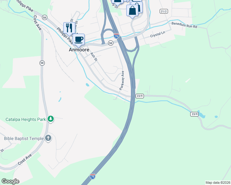 map of restaurants, bars, coffee shops, grocery stores, and more near 3300 Philippi Pike in Anmoore