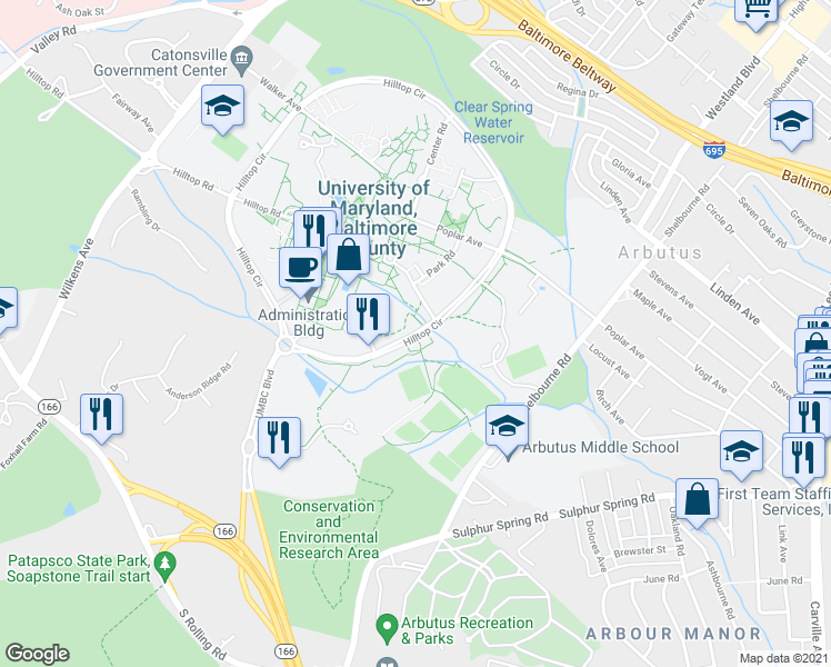 map of restaurants, bars, coffee shops, grocery stores, and more near Hilltop Circle in Halethorpe