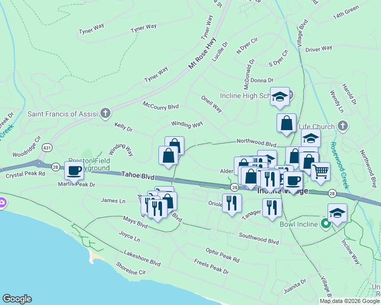 map of restaurants, bars, coffee shops, grocery stores, and more near in Incline Village