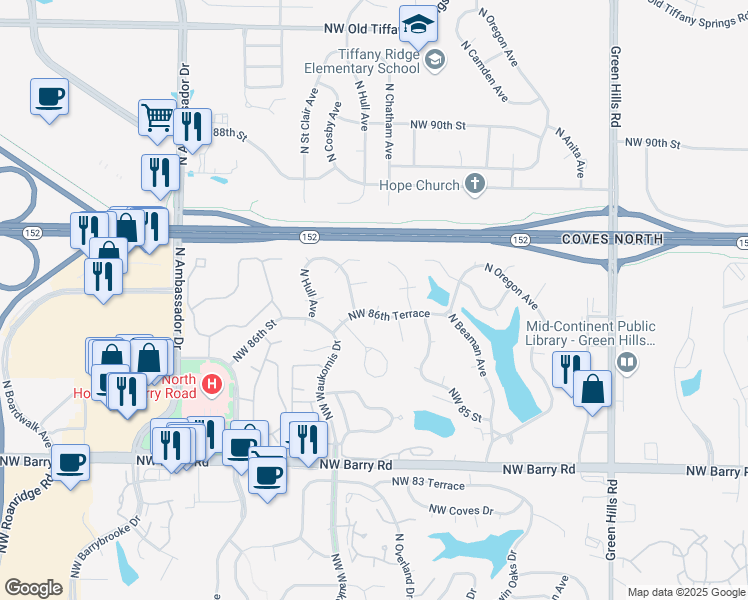 map of restaurants, bars, coffee shops, grocery stores, and more near 5320 Northwest 86th Terrace in Kansas City
