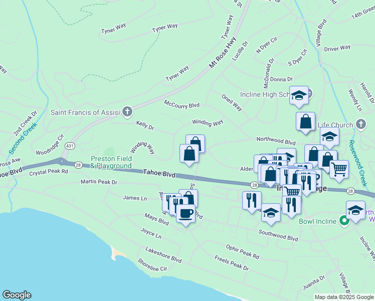 map of restaurants, bars, coffee shops, grocery stores, and more near 347 Cottonwood Court in Incline Village