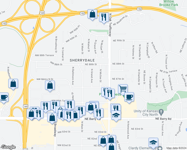 map of restaurants, bars, coffee shops, grocery stores, and more near 8719 North Grand Avenue in Kansas City