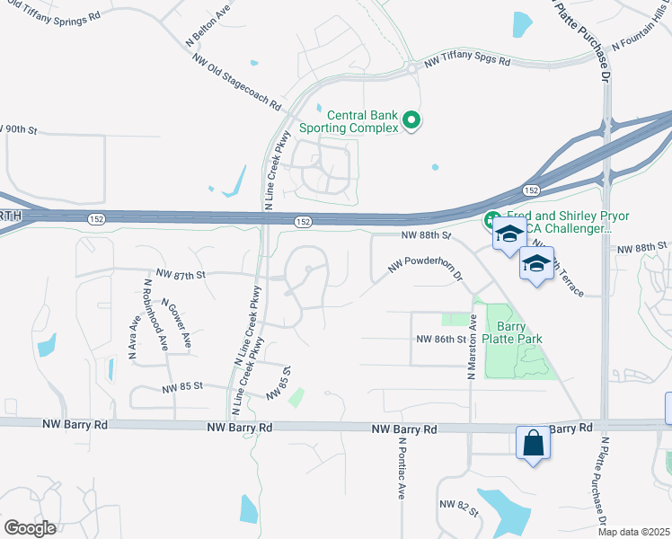 map of restaurants, bars, coffee shops, grocery stores, and more near 8653 North Liston Street in Kansas City