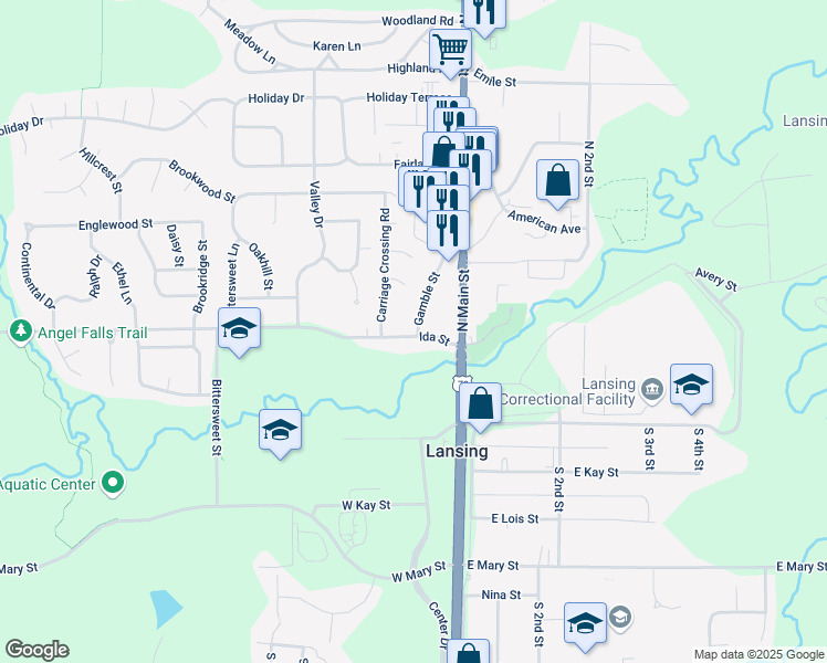 map of restaurants, bars, coffee shops, grocery stores, and more near 114 Ida Street in Lansing