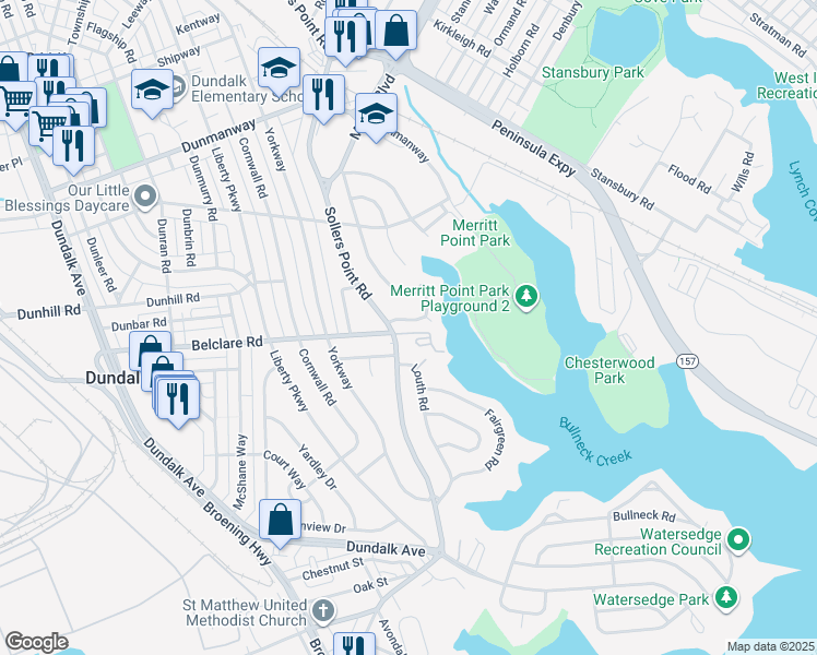 map of restaurants, bars, coffee shops, grocery stores, and more near 3173 Baybriar Road in Dundalk