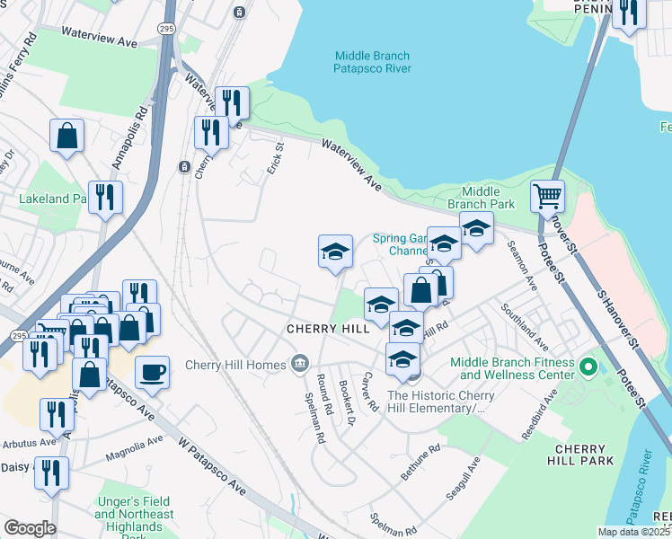 map of restaurants, bars, coffee shops, grocery stores, and more near 2400 Round Road in Baltimore
