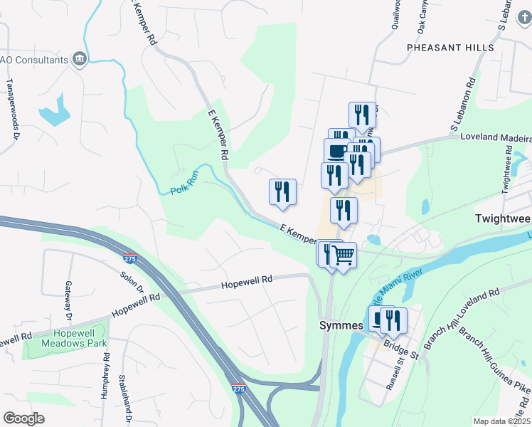 map of restaurants, bars, coffee shops, grocery stores, and more near 9548 East Kemper Road in Loveland