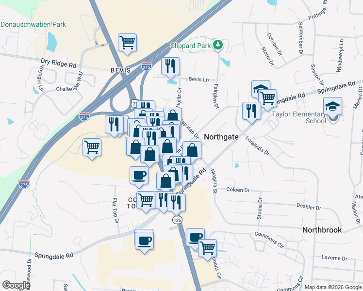 map of restaurants, bars, coffee shops, grocery stores, and more near 3529 Redskin Drive in Cincinnati