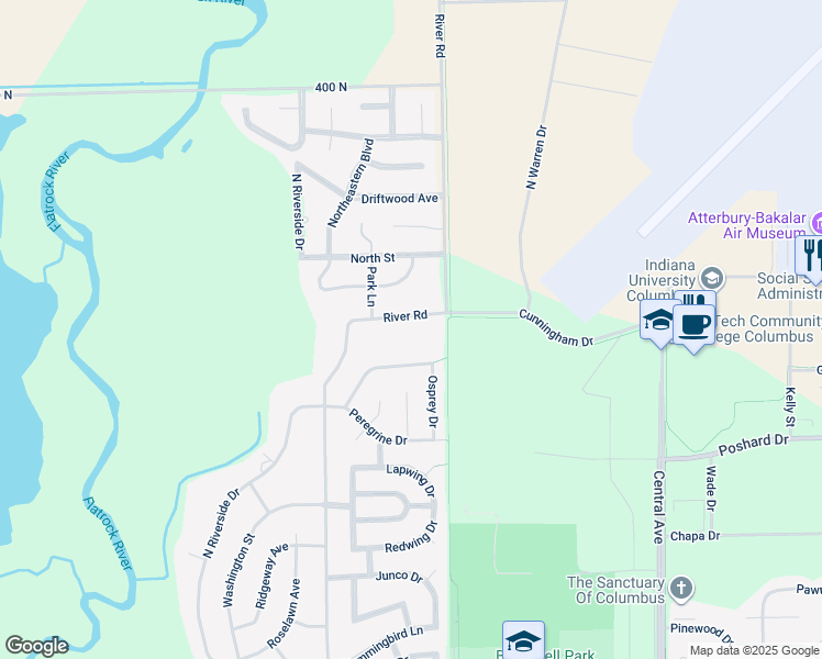 map of restaurants, bars, coffee shops, grocery stores, and more near 1085 River Road in Columbus