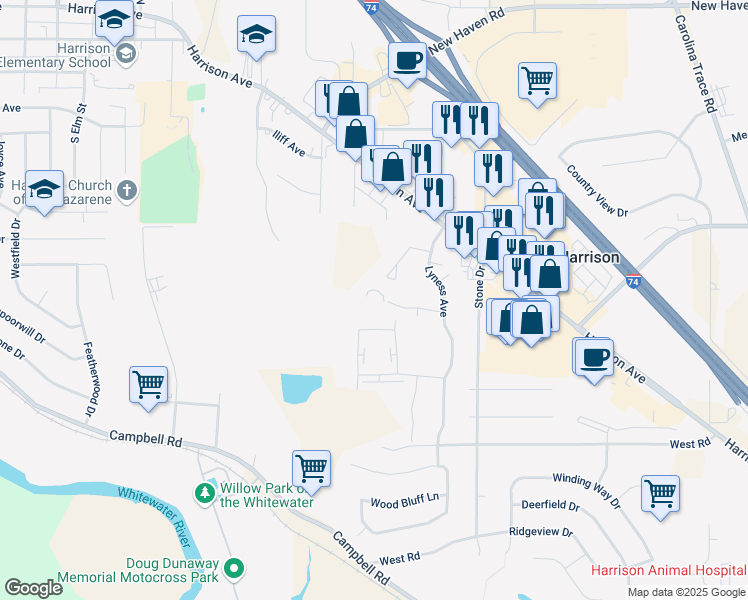 map of restaurants, bars, coffee shops, grocery stores, and more near 214 Lyness Avenue in Harrison