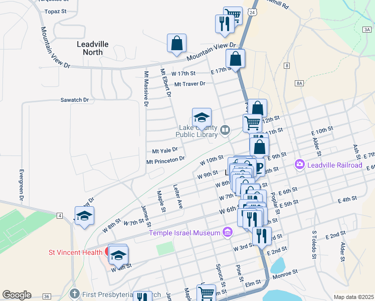 map of restaurants, bars, coffee shops, grocery stores, and more near 1100 Mount Elbert Drive in Leadville