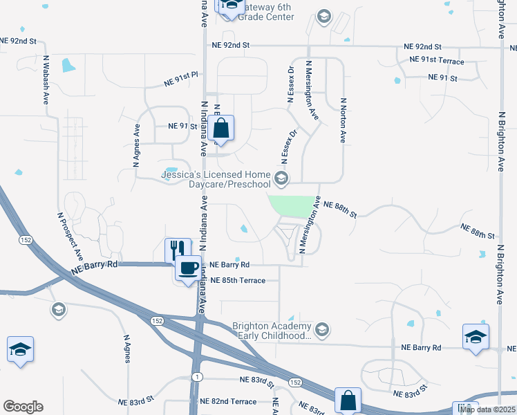 map of restaurants, bars, coffee shops, grocery stores, and more near 8799 North Cleveland Avenue in Kansas City