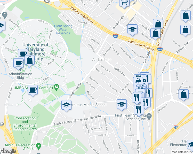 map of restaurants, bars, coffee shops, grocery stores, and more near 1201 Maple Avenue in Halethorpe