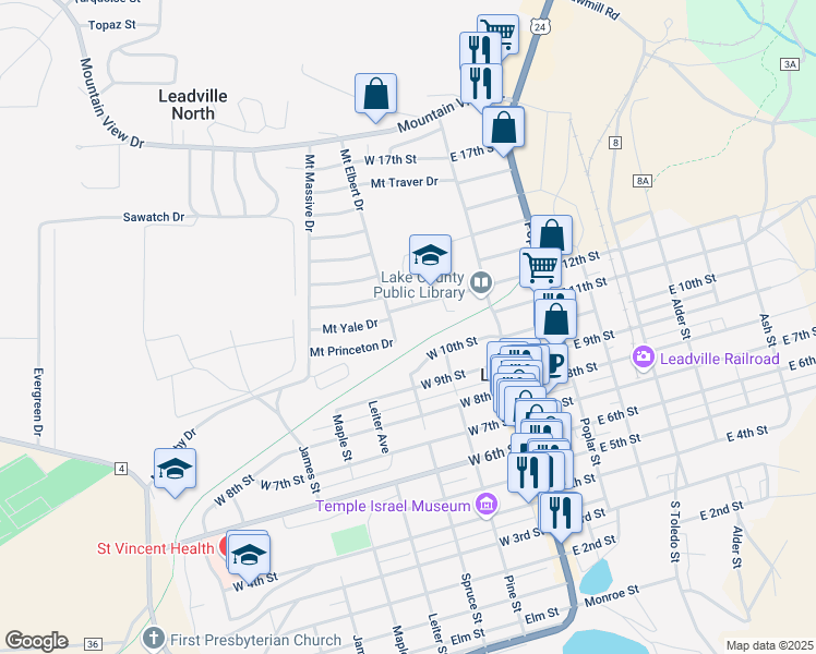 map of restaurants, bars, coffee shops, grocery stores, and more near Mineral Belt Trail in Leadville